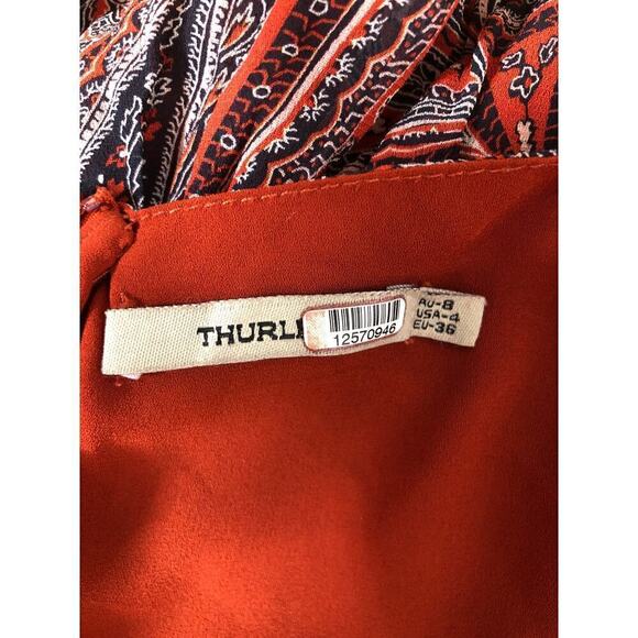 Thurley Golders Dress Paisley Boho Long Balloon Sleeve V-Neck A-Line Midi Red 4 - Picture 9 of 13